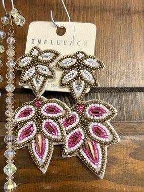 Boho Pink & White Beaded Leaf Drop Earrings
